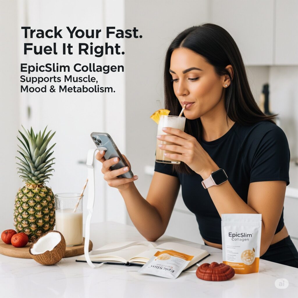 A woman in workout attire uses a smartphone and sips a drink with a pineapple garnish. Nearby are EpicSlim Collagen packs, a pineapple, and coconut. The text reads: "Track Your Fast. Fuel It Right. EpicSlim Collagen supports muscle, mood & metabolism." The setting is bright and fresh.