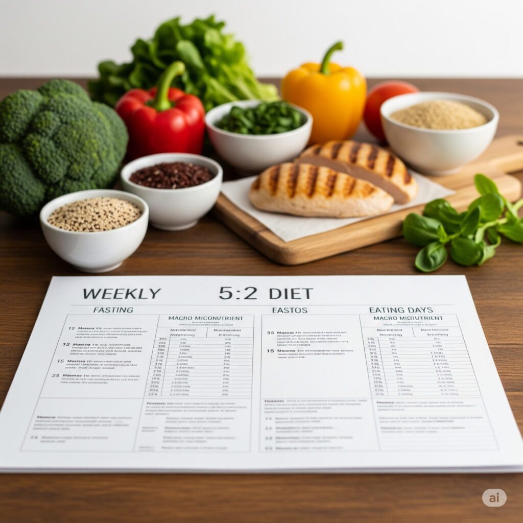 A neatly organized weekly 5:2 diet schedule laid out on a wooden table, with a minimalist, clean aesthetic. The foreground features a simple calendar or planner displaying the fasting and eating days, with detailed meal plans and nutritional information. The middle ground showcases various healthy ingredients, such as fresh produce, lean proteins, and whole grains, arranged in an appealing manner. The background is softly blurred, creating a sense of focus on the dietary information. The lighting is natural and soft, casting gentle shadows and highlighting the textures of the materials. The overall mood is one of organization, simplicity, and a balanced approach to intermittent fasting. Weekly 5:2 diet plan on a table, surrounded by colorful vegetables, grains in bowls, and grilled chicken. The scene conveys a healthy eating theme.