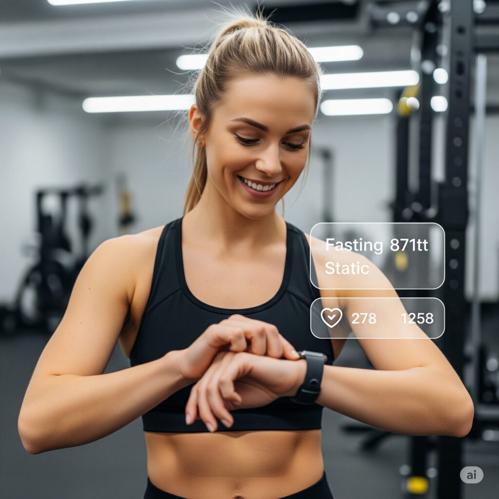Woman in gym looks at smartwatch, smiling, wearing black sports bra. Fitness stats overlayed; bright, focused setting. Energetic, motivated vibe.