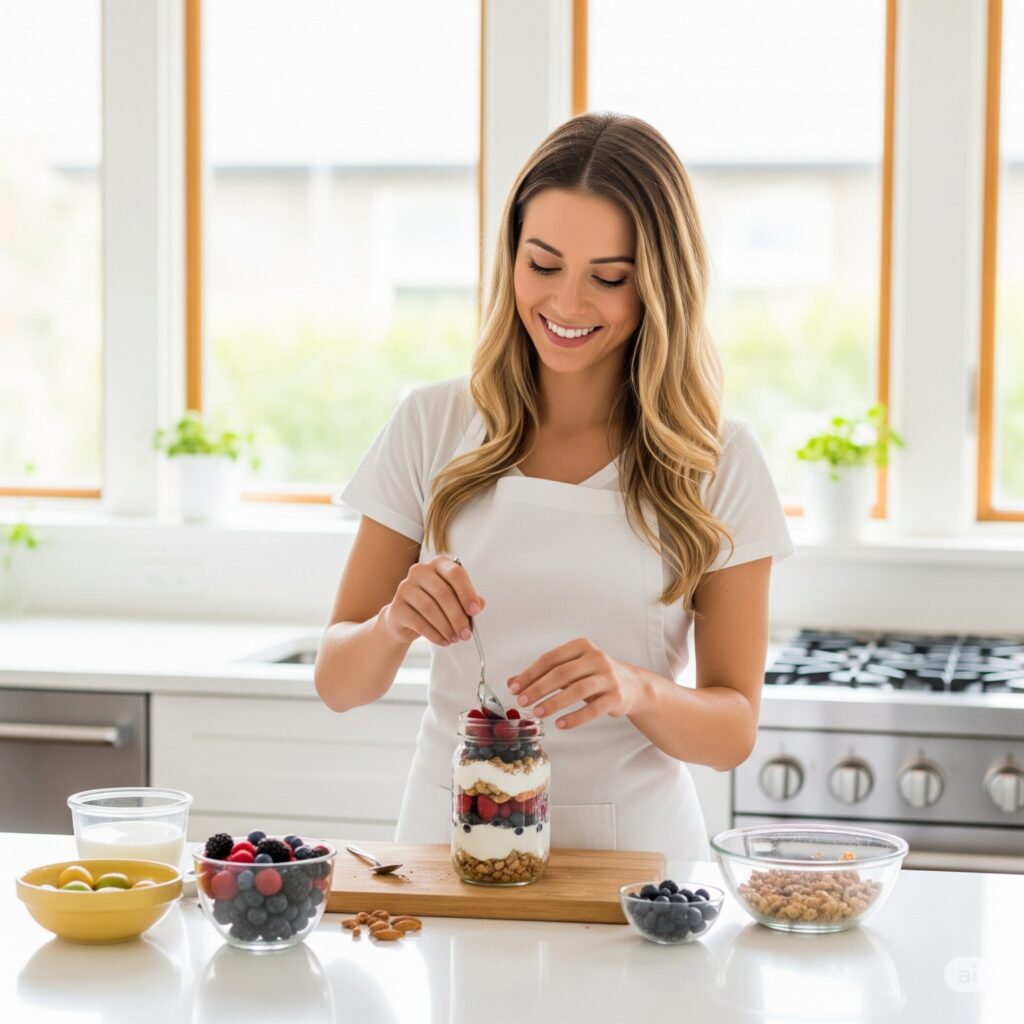 A woman smiles while making a parfait in a bright kitchen. She layers yogurt, granola, and berries in a jar. A cheerful, healthy food scene.