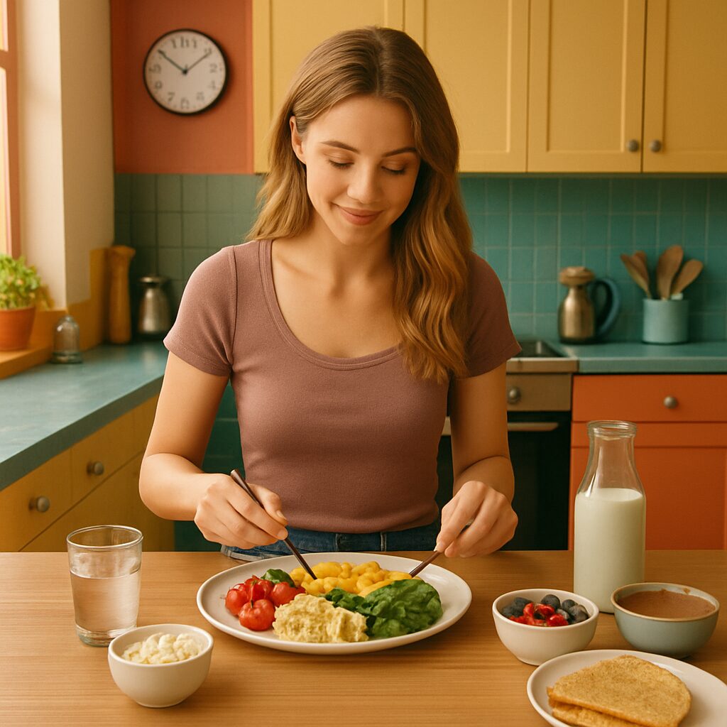 A well-lit, minimalist illustration depicting an "alternate-day fasting" schedule. In the foreground, a clean, sleek calendar displays the days of the week, with every other day shaded in a soft, muted color to represent fasting periods. The background features a serene, blurred scene of a peaceful, natural landscape - perhaps a serene forest or meadow - creating a calming, balanced atmosphere. The overall composition emphasizes the simplicity and discipline of this intermittent fasting routine, conveying a sense of control and well-being. A woman with long brown hair sits at a kitchen table with a plate of vegetables and eggs. The mood is calm and the kitchen is brightly lit.
