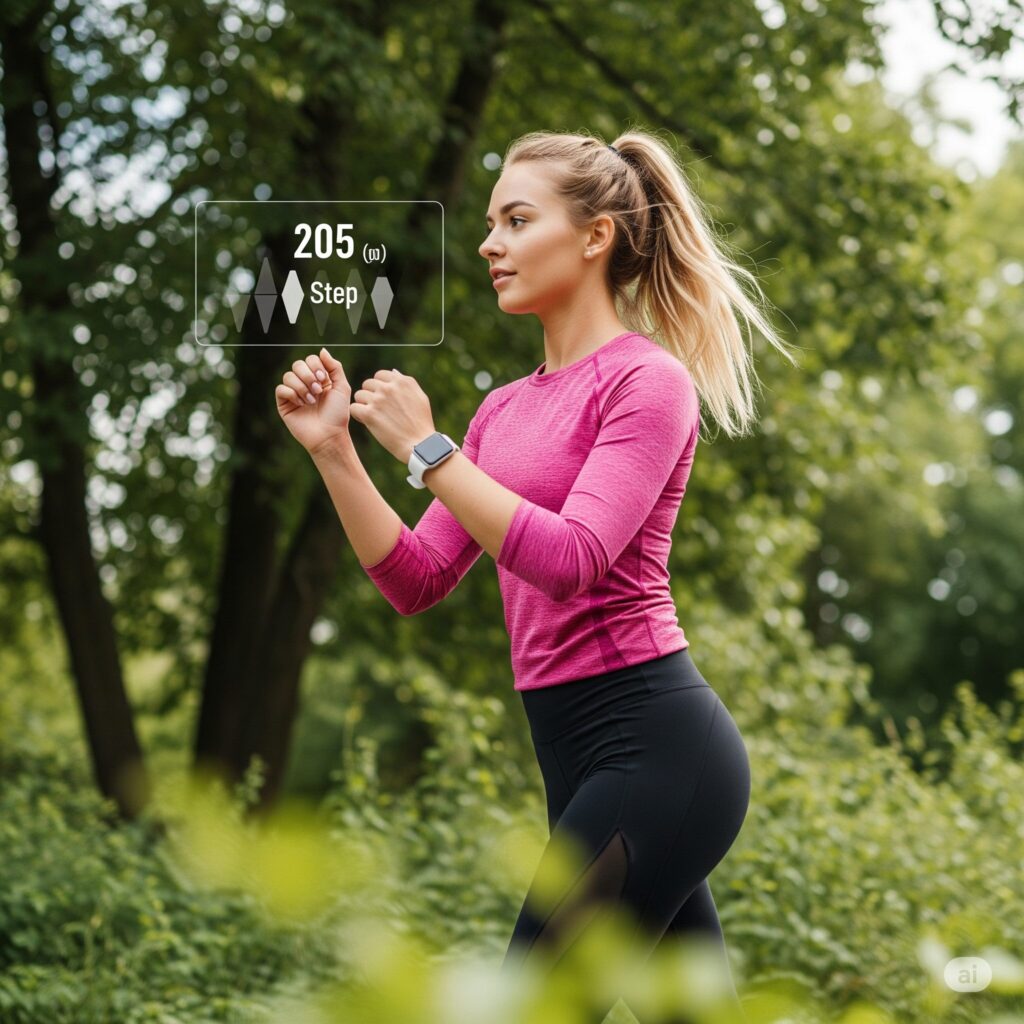 A well-lit, high-resolution photograph of a person engaging in a dynamic full-body workout, showcasing various muscle groups in action. The subject is in the foreground, performing a series of exercises such as squats, lunges, and overhead presses, with a clean, minimalist background that highlights the motion and intensity of the workout. The lighting is warm and natural, creating a sense of energy and vitality. The camera angle is slightly low, capturing the subject from a slightly elevated perspective, emphasizing the power and strength of the physical activity. The overall mood is one of fitness, health, and the importance of preserving muscle mass through regular exercise. A woman jogging outdoors in a park, wearing a pink top and black leggings. A smartwatch displays "205 steps." Lush greenery in the background.