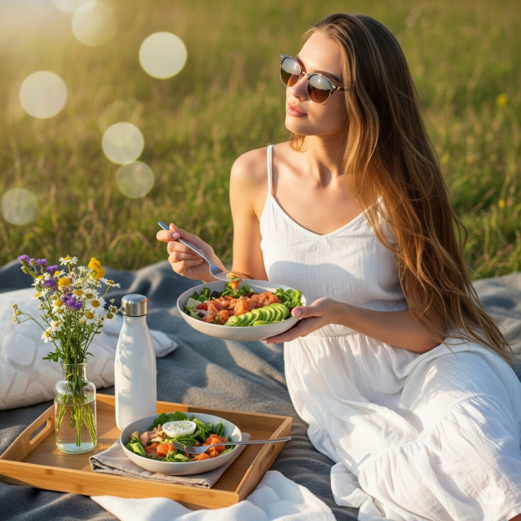 A woman in sunglasses and a white dress enjoys a picnic with salad and a water bottle on a tray, sitting on a blanket in a sunny field.