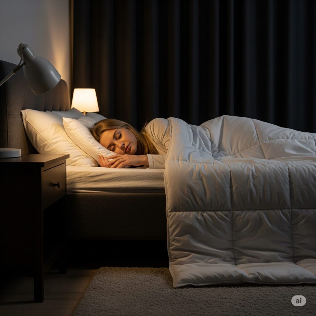 A peaceful bedroom scene at night, bathed in soft, warm lighting. In the foreground, a person sleeping soundly on a comfortable bed, illustrating the importance of quality sleep. In the middle ground, a bedside table with a glass of water and a book, suggesting the preparation for a restful night. The background features a serene landscape visible through a large window, with a crescent moon and twinkling stars, creating a tranquil, calming atmosphere. The overall composition conveys the rejuvenating power of sleep, essential for a successful fasting regimen. Woman sleeping peacefully in bed under a thick white duvet. A bedside table with a lamp emits warm light, creating a calm and cozy atmosphere.