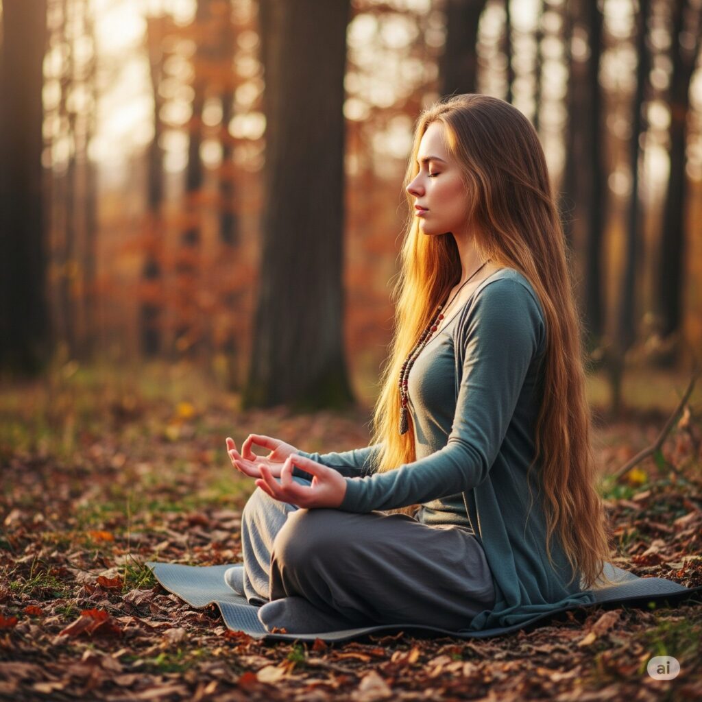A serene, sun-dappled meadow in the early morning, with lush green grass and vibrant wildflowers blooming in the foreground. In the middle ground, a person sits cross-legged, their eyes closed in contemplation, a peaceful expression on their face. The background features rolling hills and a clear, azure sky, with soft, wispy clouds drifting overhead. The scene conveys a sense of tranquility and inner balance, reflecting the benefits of intermittent fasting - improved mental clarity, increased energy, and enhanced well-being. Lighting is natural, soft, and diffused, with a warm, golden hue. The lens captures the scene from a slightly elevated, slightly angled perspective, creating a sense of depth and drawing the viewer's eye towards the central figure. A woman with long hair meditates peacefully in a forest, sitting cross-legged on a mat. The soft autumn light and fallen leaves create a serene ambiance.