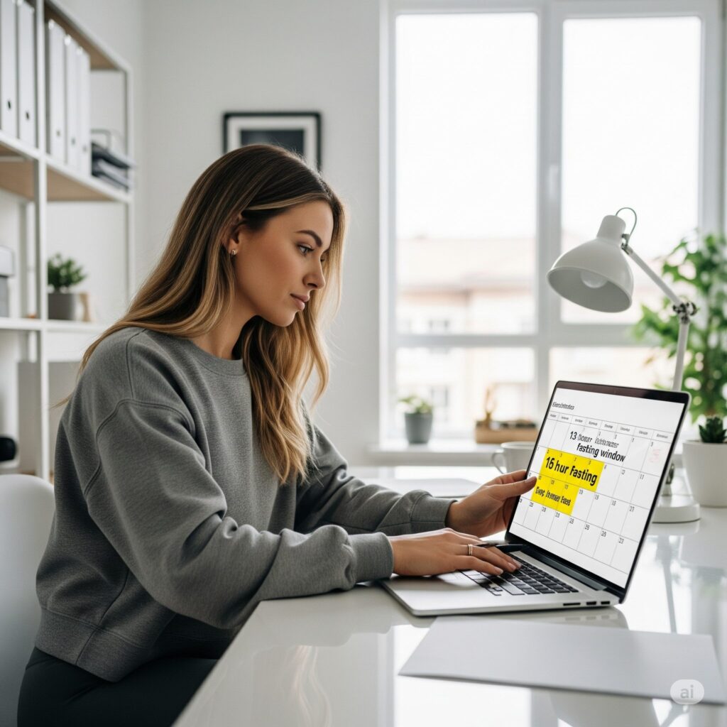 A woman sits at a white desk in a bright room, using a laptop with a calendar showing a 16-hour fasting schedule. She appears focused and thoughtful.