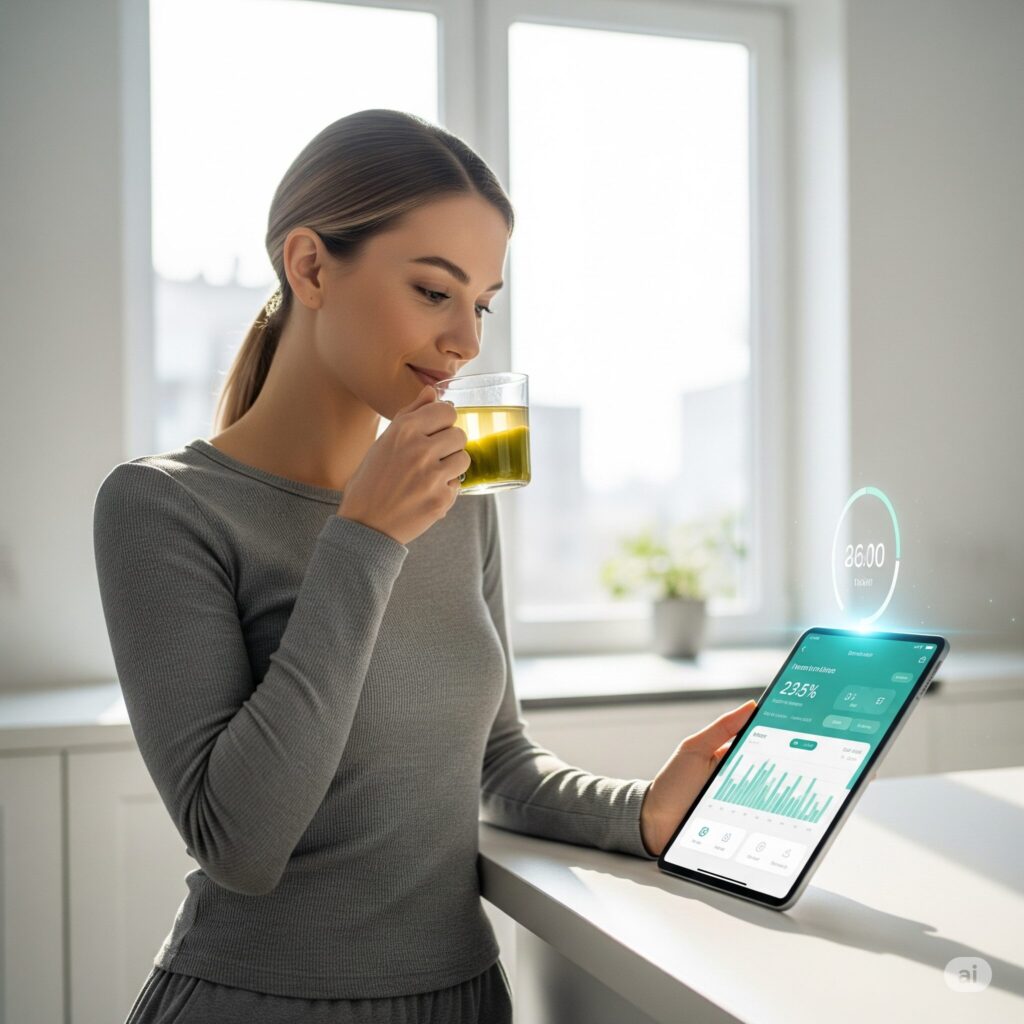 A woman in a gray top enjoys a green drink, standing in a bright kitchen. She holds a tablet displaying data and graphs, suggesting a focus on health.