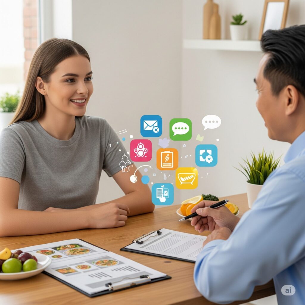 A woman and a man sit at a table discussing documents. Colorful digital icons float between them, suggesting communication and technology themes.