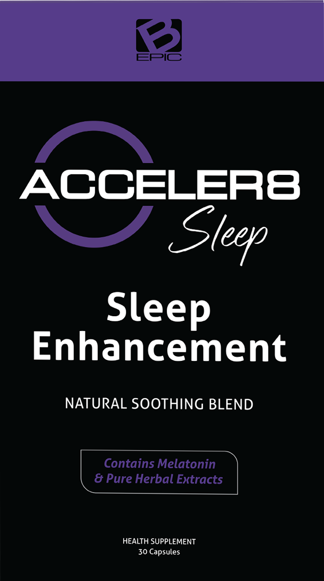 Alt text: "Acceler8 Sleep Enhancement supplement packaging in black and purple. Highlights include natural soothing blend, melatonin, and herbal extracts."