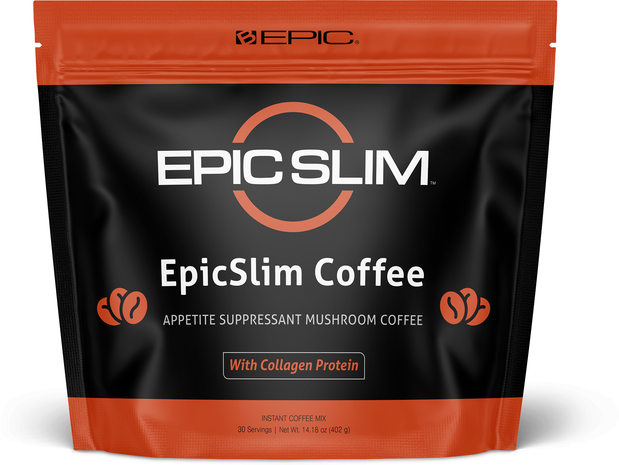 Packaging of EpicSlim Coffee featuring sleek black and orange design. Text highlights "Appetite Suppressant Mushroom Coffee" with collagen protein.
