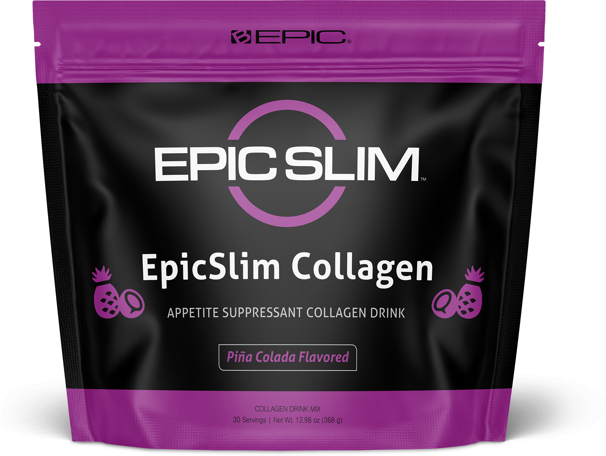 Purple and black EpicSlim Collagen package labeled as an appetite suppressant and piña colada flavored drink, featuring pineapple graphics.