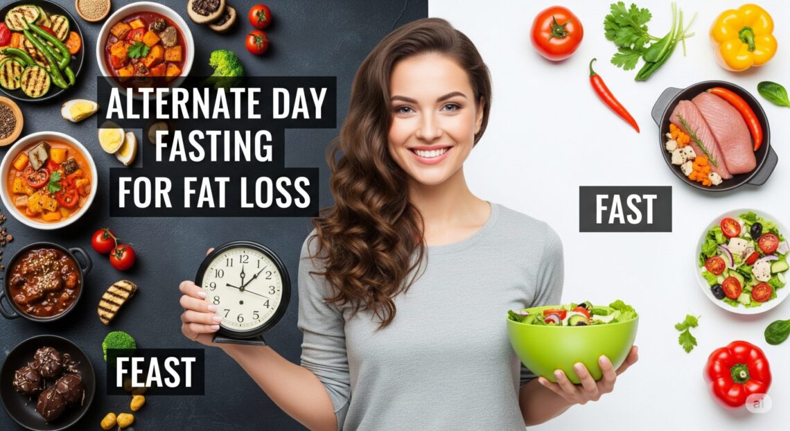 Alternate Day Fasting for Fat Loss Smiling woman holds a bowl of salad and a clock, illustrating alternate day fasting. Left side shows a feast of colorful dishes, right side shows fasting foods.