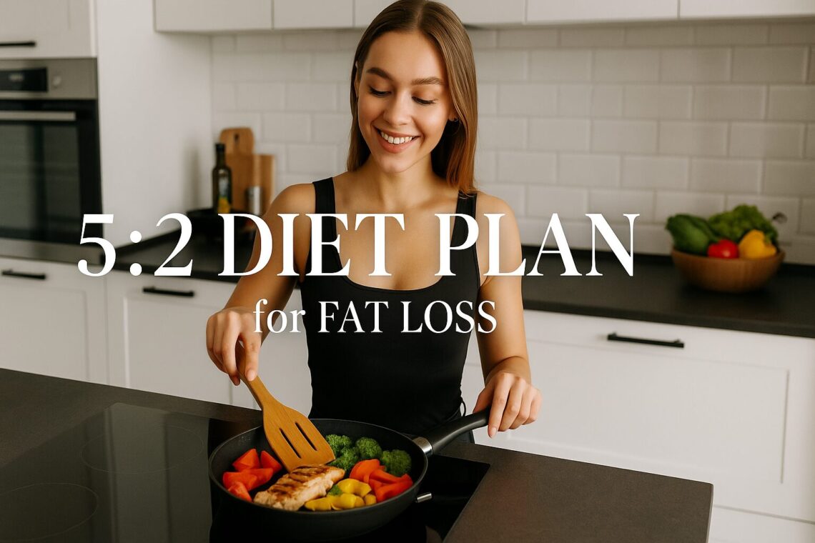 A woman in a kitchen cooks colorful vegetables and chicken in a pan, smiling, with text overlay "5:2 Diet Plan for Fat Loss." The setting feels fresh and healthy.