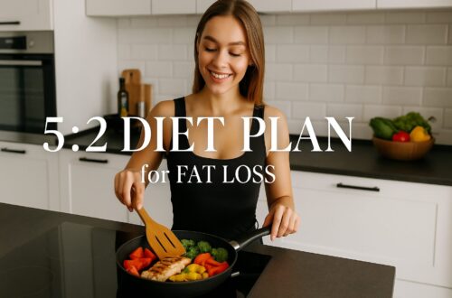 A woman in a kitchen cooks colorful vegetables and chicken in a pan, smiling, with text overlay "5:2 Diet Plan for Fat Loss." The setting feels fresh and healthy.