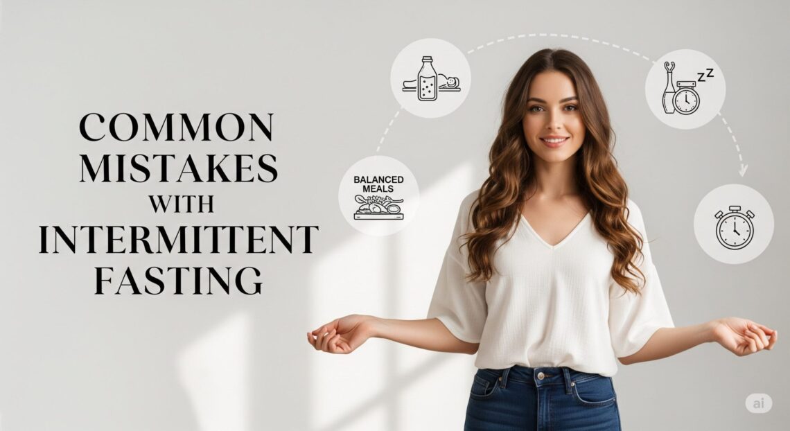 Woman smiling, pointing at icons related to intermittent fasting mistakes: balanced meals, timing, adequate sleep. Text reads "Common Mistakes with Intermittent Fasting." Light, informative tone.