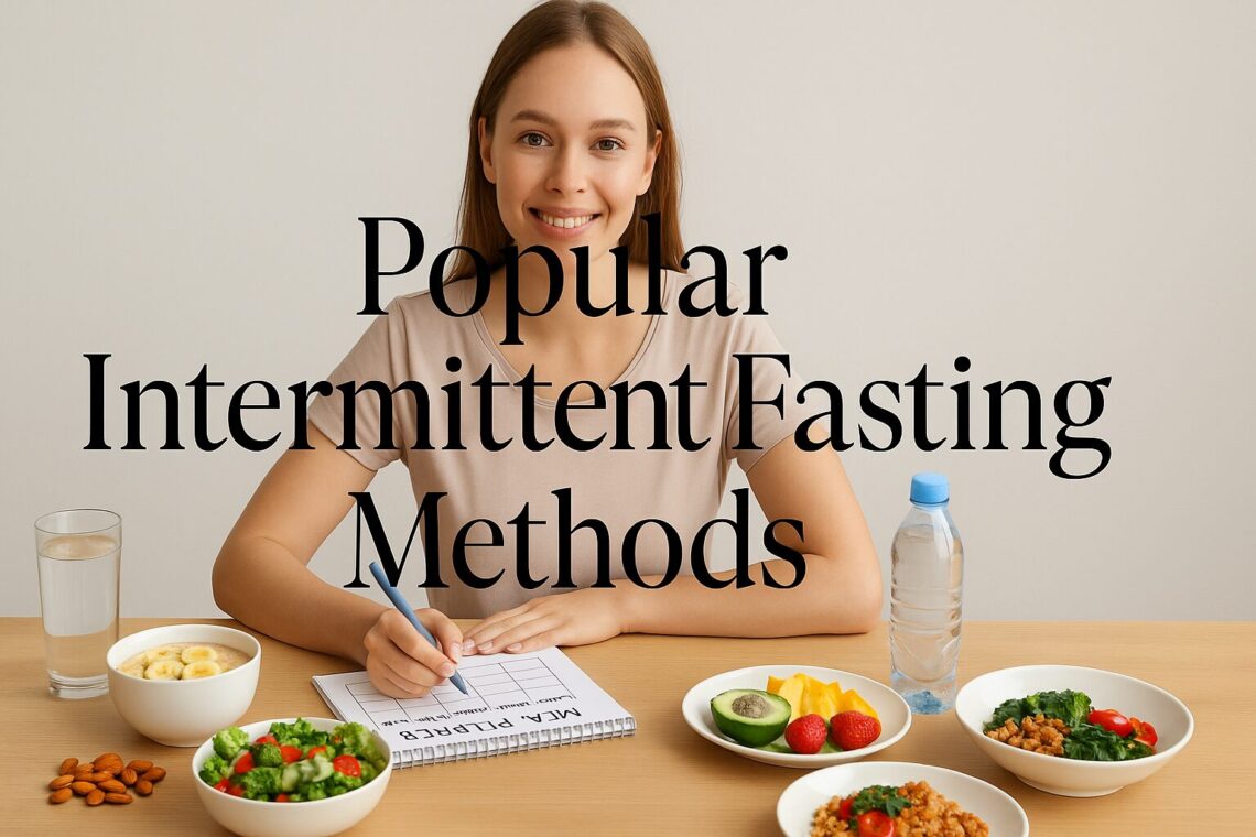 Smiling woman seated at a table with various healthy foods, a water bottle, and a fasting planner. Text overlay reads "Popular Intermittent Fasting Methods."