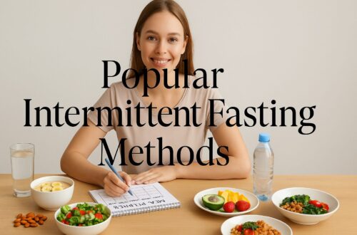 Smiling woman seated at a table with various healthy foods, a water bottle, and a fasting planner. Text overlay reads "Popular Intermittent Fasting Methods."