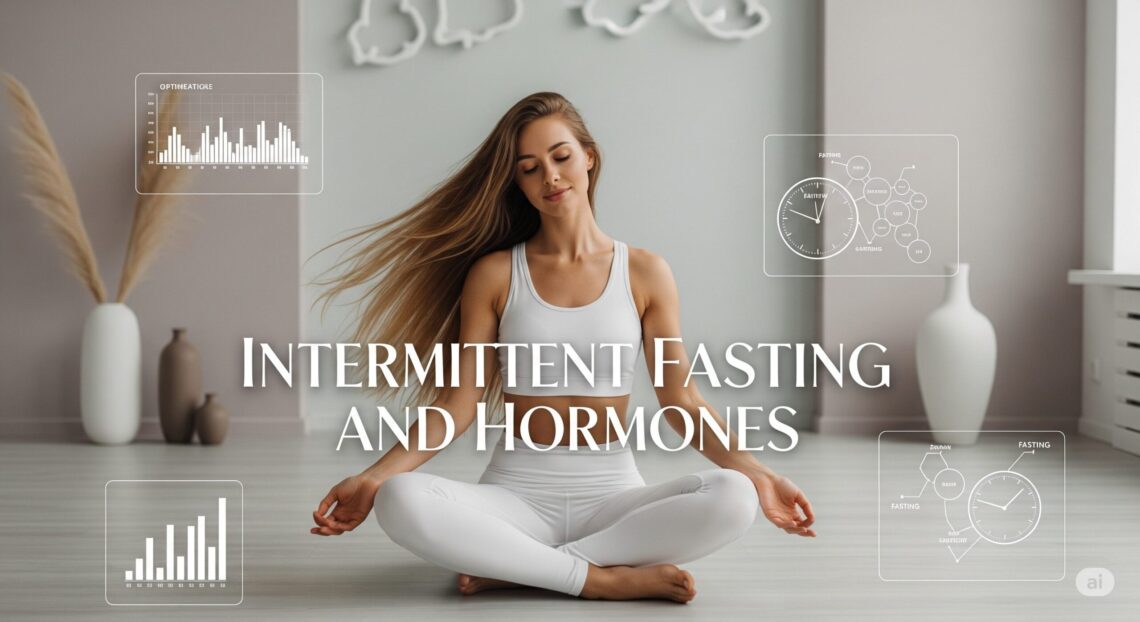 Intermittent Fasting and Hormones A woman in white athletic wear meditates in a calm room, with charts and diagrams related to fasting and hormones overlayed. The tone is serene and focused.