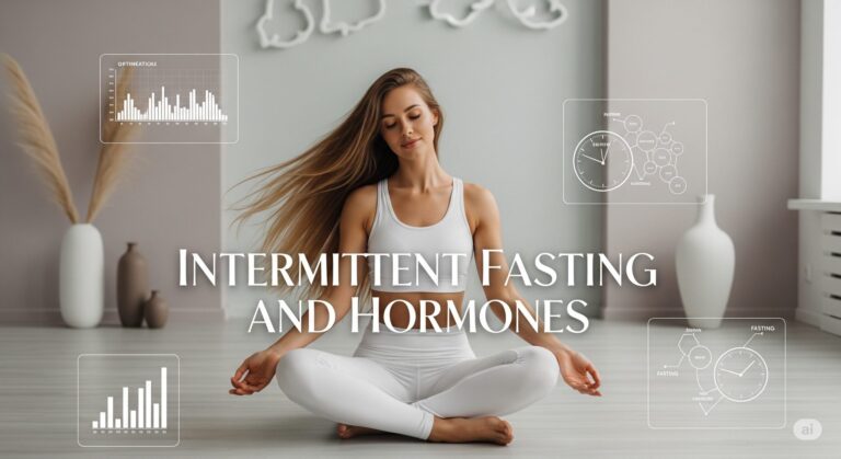 Intermittent Fasting and Hormones A woman in white athletic wear meditates in a calm room, with charts and diagrams related to fasting and hormones overlayed. The tone is serene and focused.