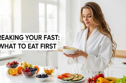 Woman in a white robe holds a steaming bowl, standing by a table with vibrant fruits and grilled vegetables. Text reads "Breaking Your Fast: What to Eat First."