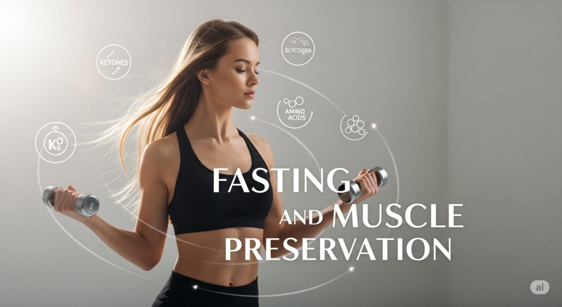 Fasting and Muscle Preservation A woman in workout attire lifts dumbbells, with terms like "Ketones" and "Glycogen" around her, conveying fasting and muscle preservation themes.