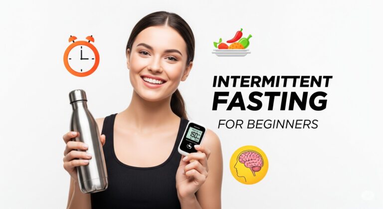 Smiling woman holding a water bottle and a digital device, surrounded by icons of a clock, healthy food, and a brain. Text reads "Intermittent Fasting for Beginners."