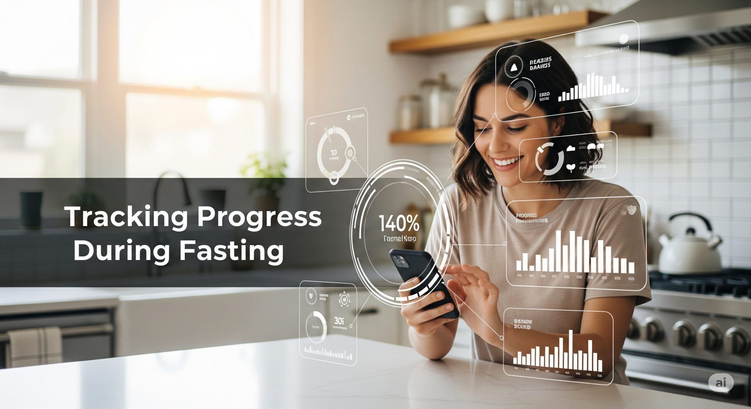 Tracking Progress During Fasting Smiling woman in kitchen using a smartphone to track fasting progress, surrounded by futuristic digital graphs and analytics, conveying focus and motivation.