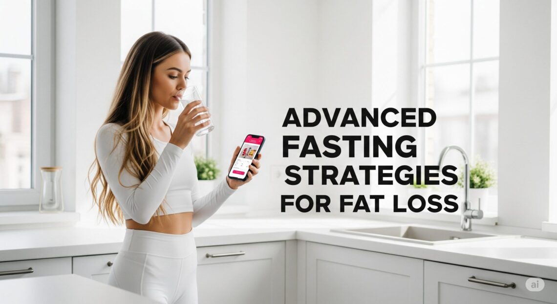 Young woman in white sportswear drinks water in a bright kitchen, checking her phone. Text reads "Advanced Fasting Strategies for Fat Loss."