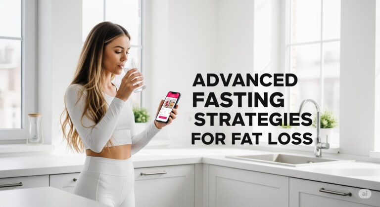 Young woman in white sportswear drinks water in a bright kitchen, checking her phone. Text reads "Advanced Fasting Strategies for Fat Loss."