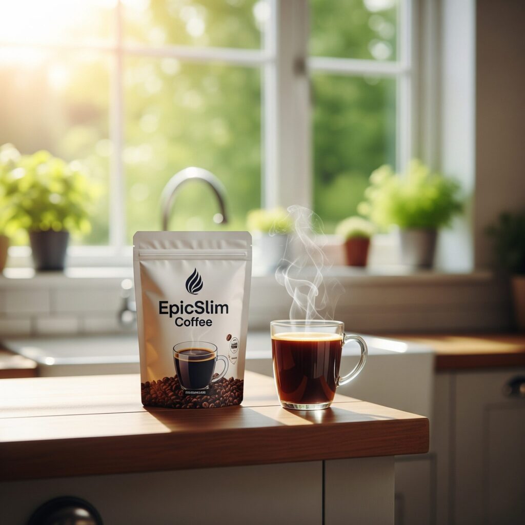 A steaming glass of coffee and a packet of "EpicSlim Coffee" on a sunlit kitchen counter, with potted plants and a window view of greenery in the background.