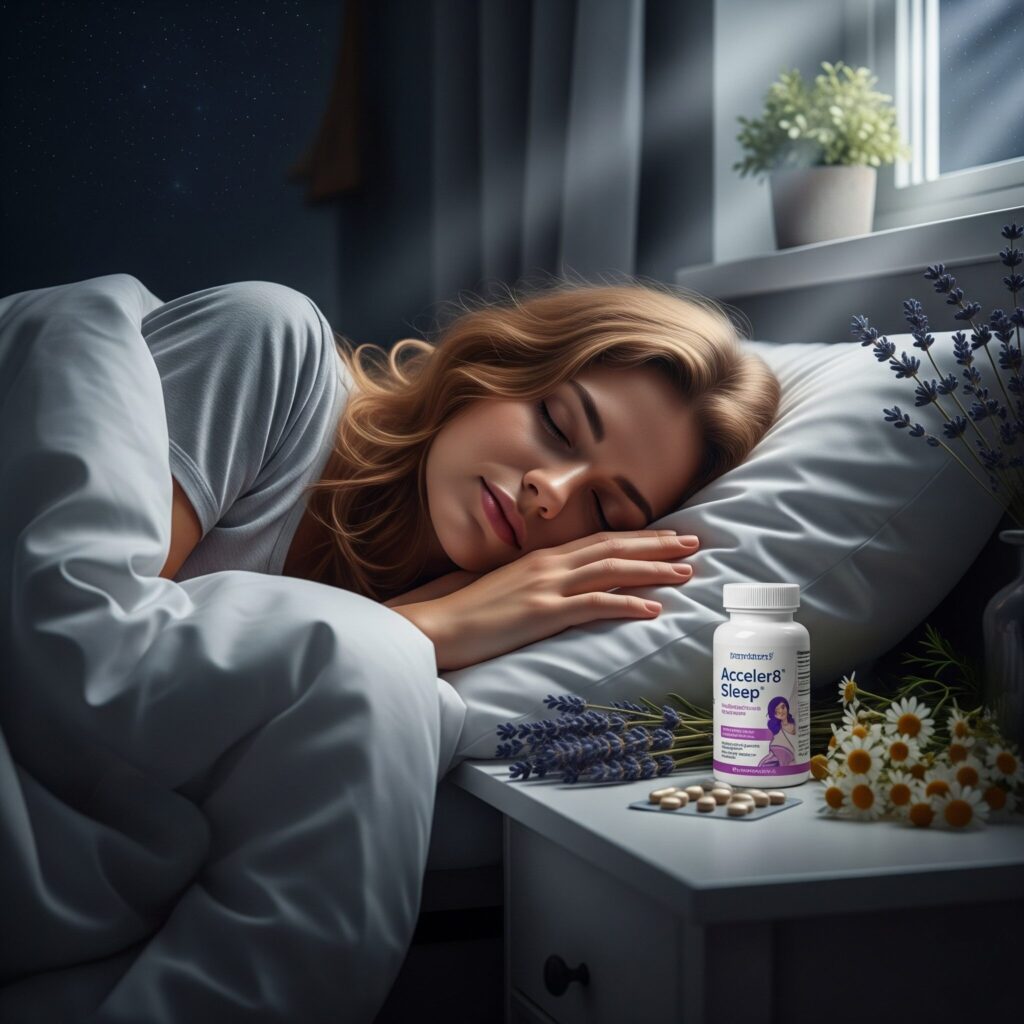 A woman peacefully sleeps in bed with lavender and chamomile on a nightstand. A bottle labeled "Acceler8 Sleep" is next to her under soft moonlight.