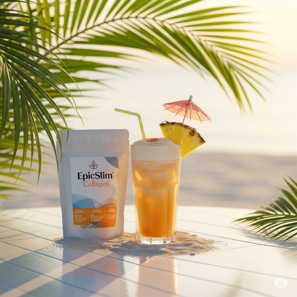 Tropical beach scene with a collagen drink mix, frothy orange smoothie in a glass with a straw, pineapple slice, and umbrella. Palm leaves and sunset in background.